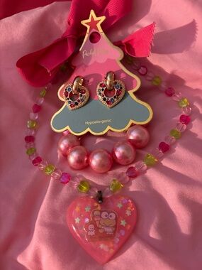 Packed Party Pink Heart Necklace and Jeweled Heart Hoop Earrings Set